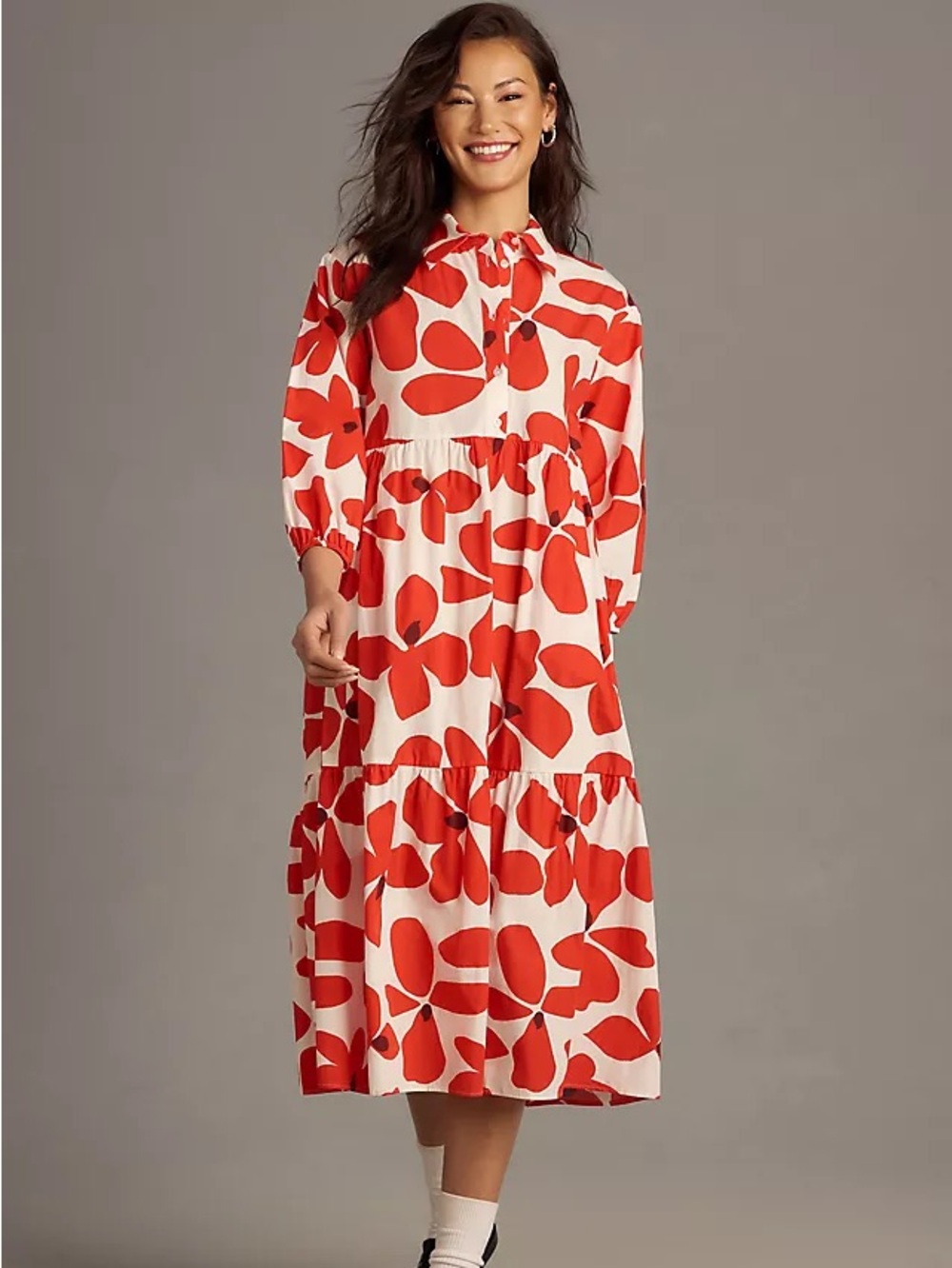 Anthropologie Maeve Bettina Tiered Maxi Dress Red White Floral Large Petite LP